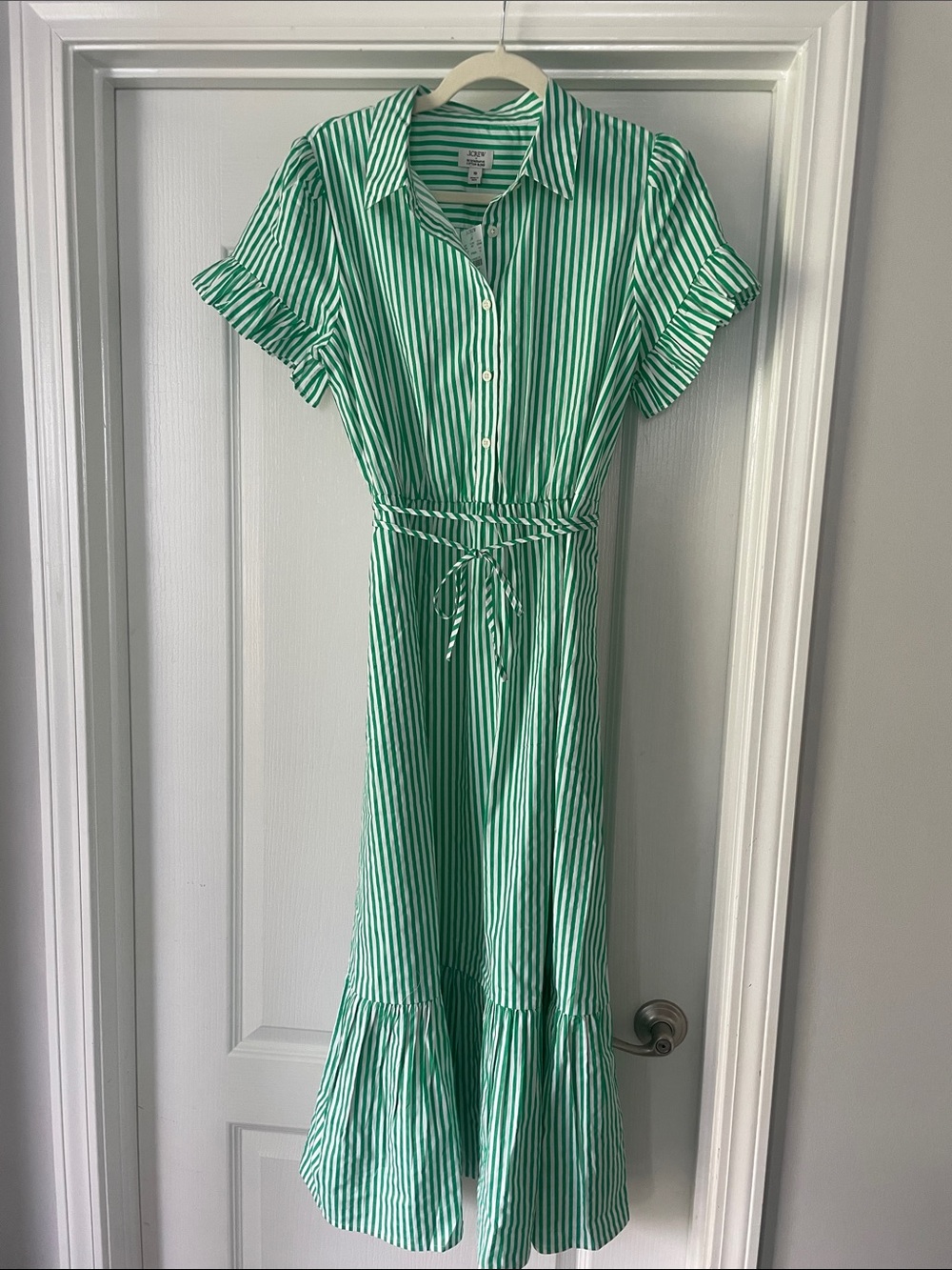 J Crew Green and White Striped Button-Front Midi Dress